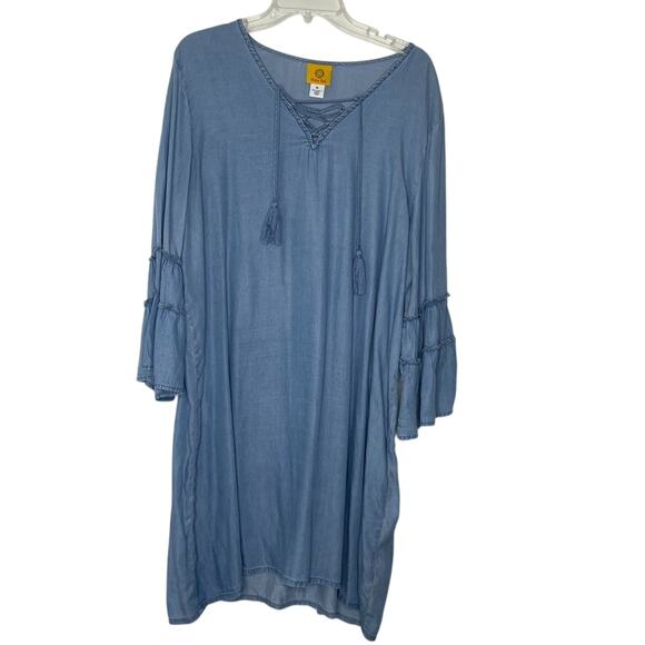 Ruby Rd XL Light Blue Tencel Chambray Tunic Dress Bell Sleeve Boho Casual Beachy - Picture 1 of 7
